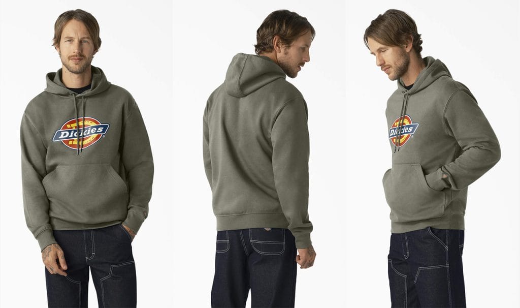 Tampilan hoodie Dickies dalam nuansa casual streetwear dengan logo yang mencolok
