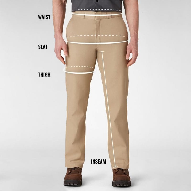 Ilustrasi cara mengukur pinggang, pinggul, paha, dan inseam untuk size chart Dickies 874