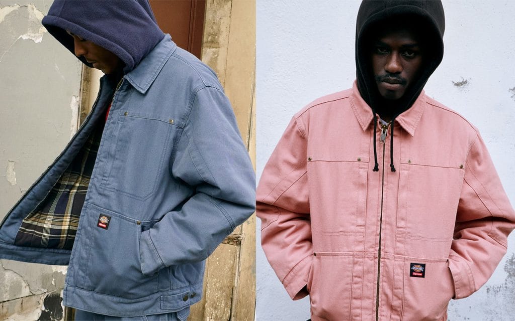 Model mengenakan jaket dan hoodie Dickies dalam gaya streetwear modern