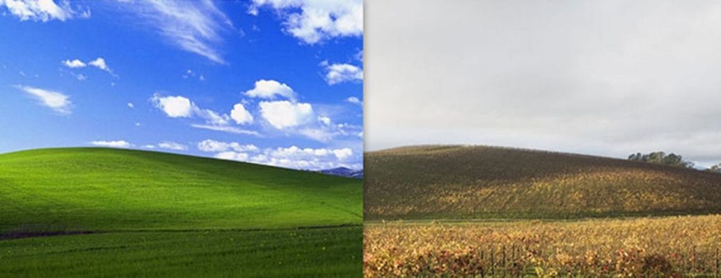 Perbandingan foto lokasi wallpaper Windows XP โBlissโ antara masa lalu dan masa kini, menampilkan bukit hijau cerah dengan langit biru di sebelah kiri dan lanskap yang lebih kecokelatan serta berawan di sebelah kanan, menggambarkan konsep rephotography