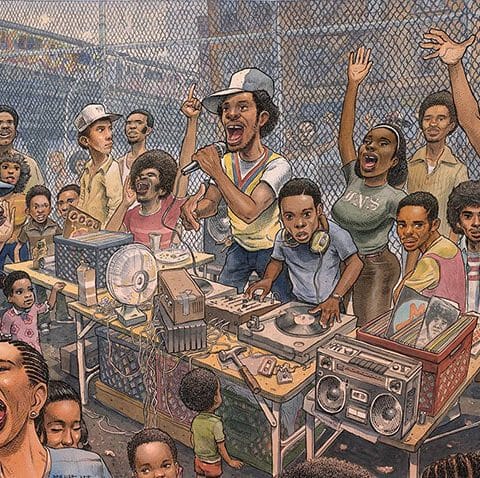 Seorang DJ memainkan turntable di pesta jalanan (block party) Bronx, menggambarkan awal mula sejarah hip hop di New York.