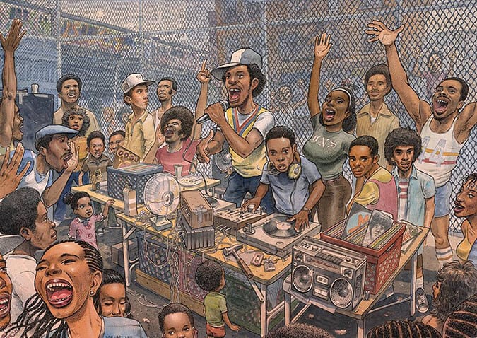 Seorang DJ memainkan turntable di pesta jalanan (block party) Bronx, menggambarkan awal mula sejarah hip hop di New York.