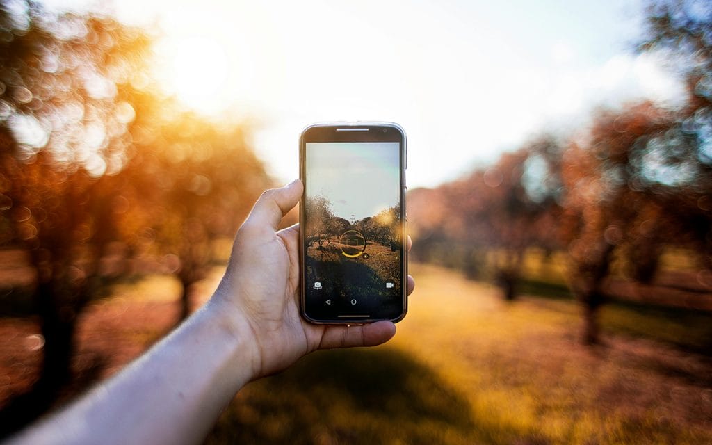 Seseorang memotret pemandangan dengan kamera HP menggunakan mode portrait di luar ruangan