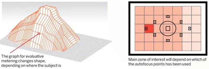 Ilustrasi mode Evaluative atau Matrix Metering pada kamera DSLR yang menunjukkan area pengukuran cahaya menyeluruh dengan penyesuaian berdasarkan posisi subjek dan titik fokus. Diagram 3D dan tampilan viewfinder yang menggambarkan prinsip kerja Evaluative atau Matrix Metering dengan zona pengukuran yang berubah sesuai posisi subjek dan titik fokus kamera.