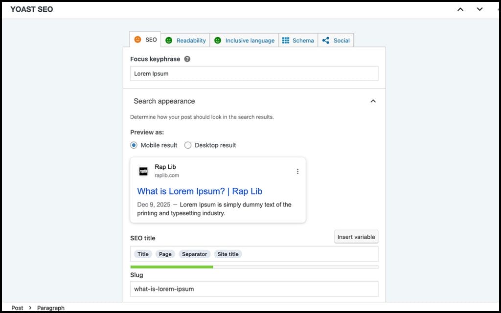 Gambar dashboard plugin SEO seperti Yoast yang digunakan untuk mengoptimalkan artikel WordPress.