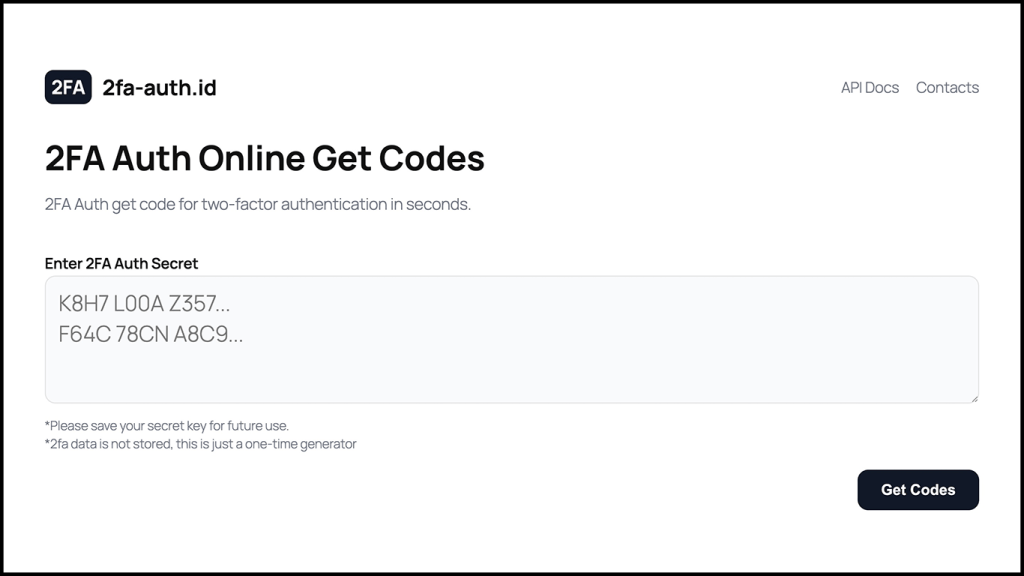 Tampilan halaman utama 2FA Auth dengan kolom input untuk memasukkan secret key dan tombol Get Codes.