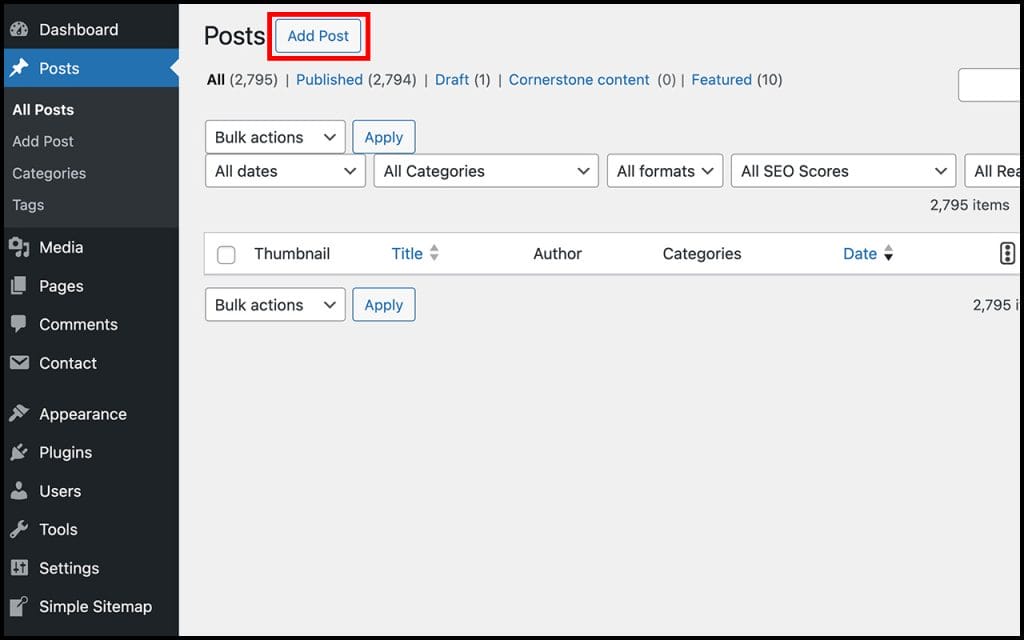 Tampilan menu WordPress yang menunjukkan cara membuka post editor melalui opsi Add New.