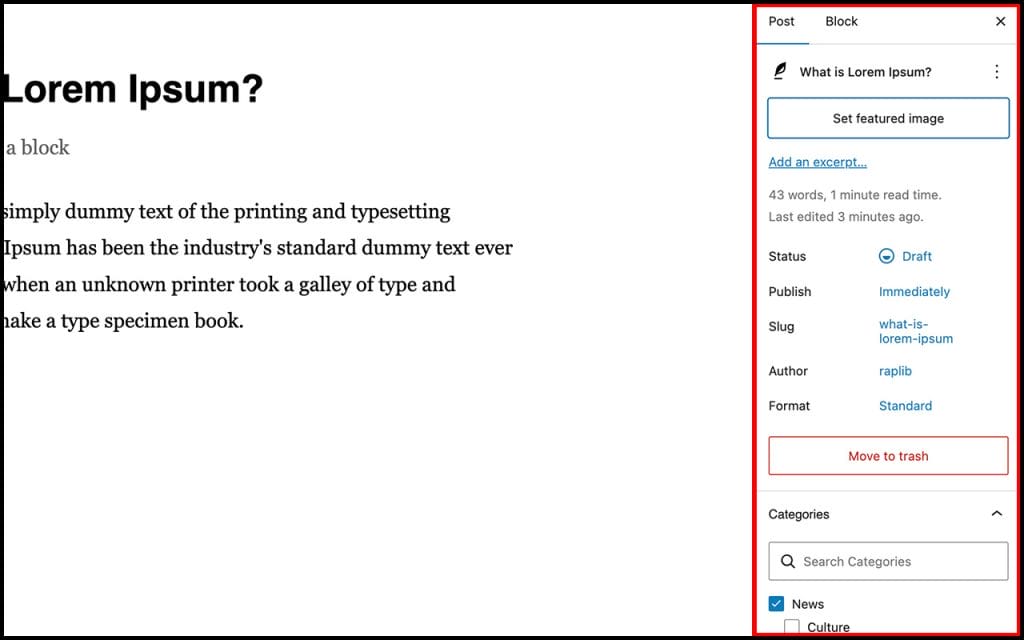 Tampilan sidebar post settings WordPress yang berisi kategori, tag, featured image, dan pengaturan permalink.