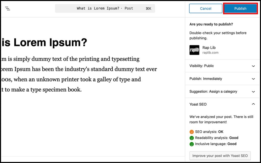 Tombol Publish di WordPress yang digunakan untuk menerbitkan artikel setelah selesai disunting.