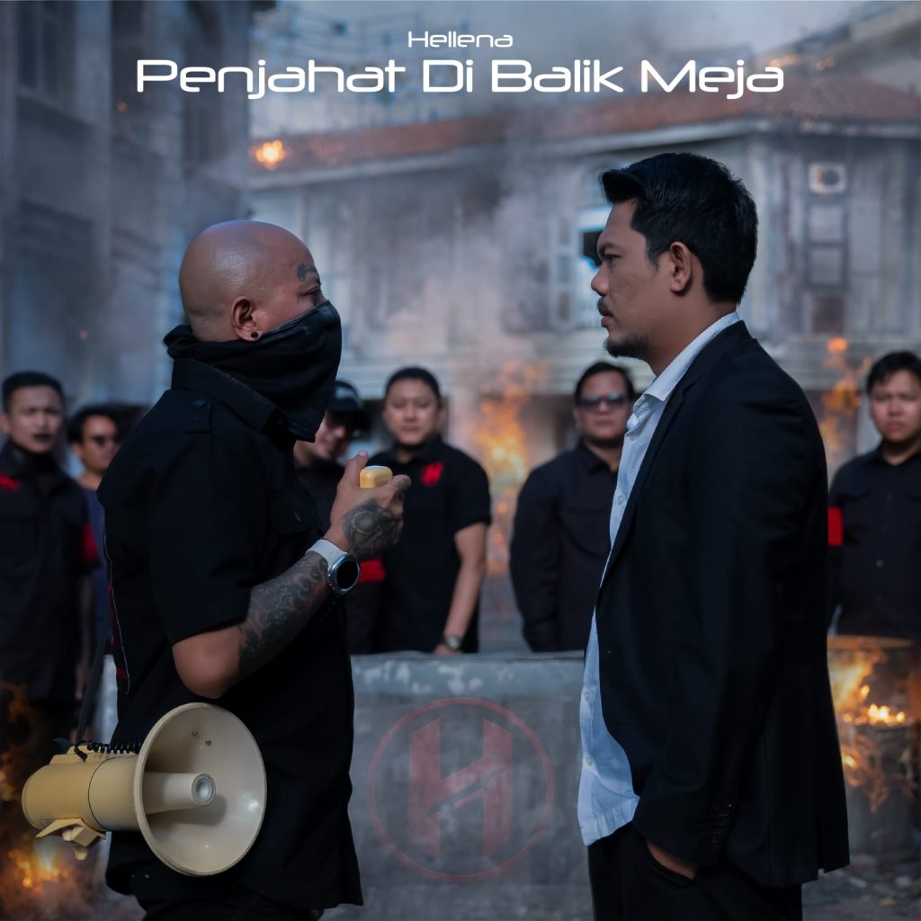 Artwork cover single Penjahat di Balik Meja dari band rap metal Hellena