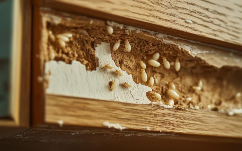 serangan rayap pada kayu rumah yang menyebabkan kerusakan bangunan
