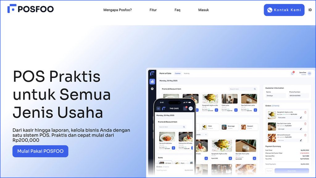 tampilan aplikasi kasir POSFOO berbasis cloud untuk mengelola bisnis dengan sistem POS modern