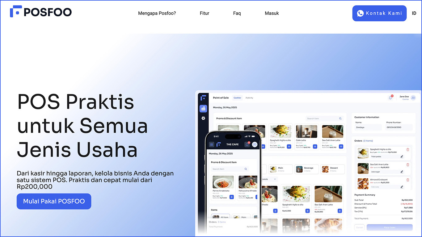 tampilan aplikasi kasir POSFOO berbasis cloud untuk mengelola bisnis dengan sistem POS modern