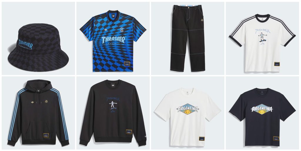 Koleksi adidas x Thrasher x Argentina terdiri dari sepatu, jersey, hoodie, t-shirt, chino, dan bucket hat.
