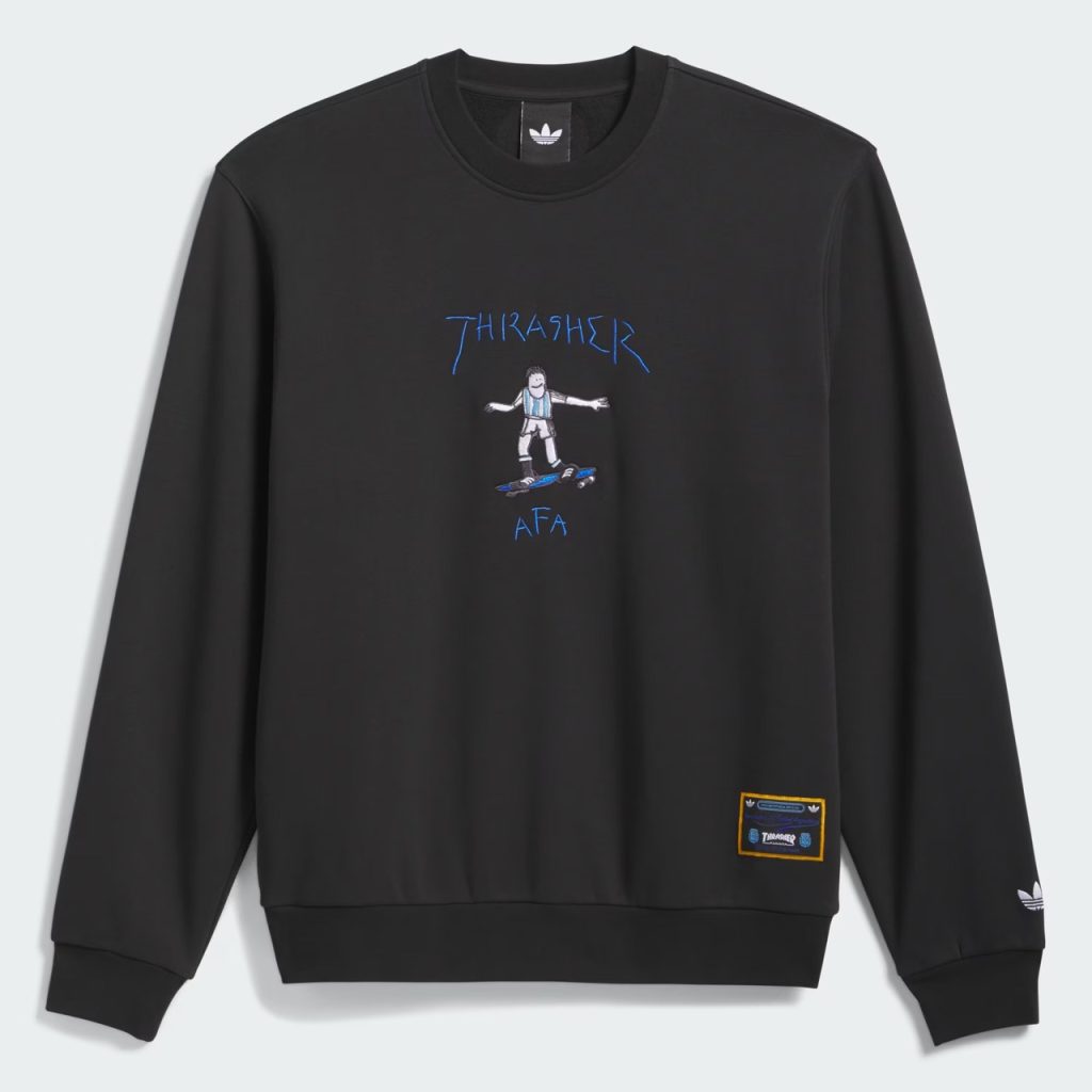 Argentina x Thrasher Crewneck Sweatshirt warna hitam dengan material fleece dan desain streetwear adidas Skateboarding.