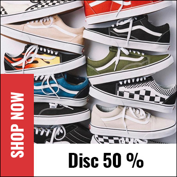 Banner promo Vans Sneakers dengan diskon hingga 50 persen dan tombol Shop Now.