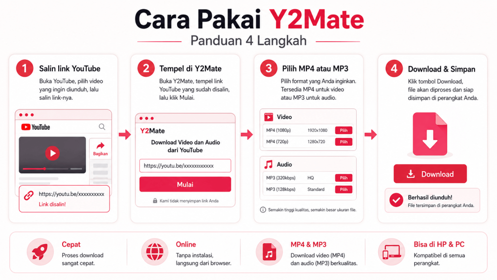 Langkah cara download video YouTube dengan Y2Mate menggunakan format MP4 atau MP3