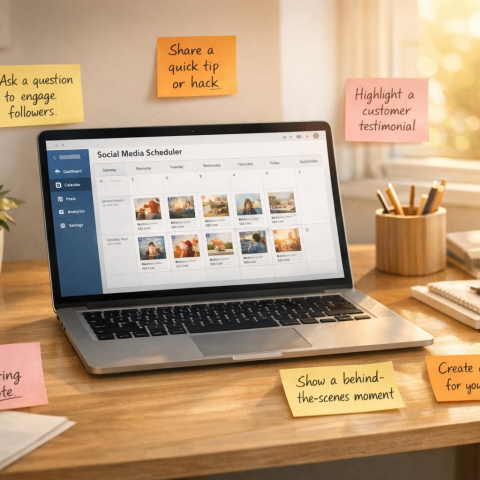 Social media strategy planning on a laptop with content ideas