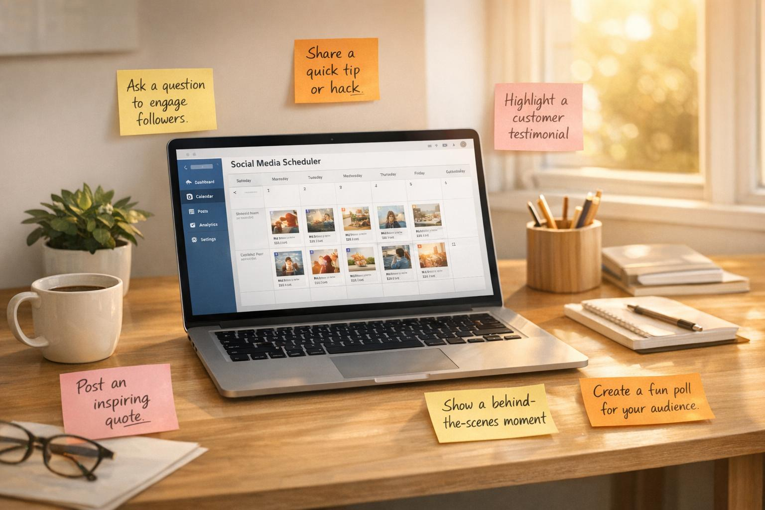 Social media strategy planning on a laptop with content ideas
