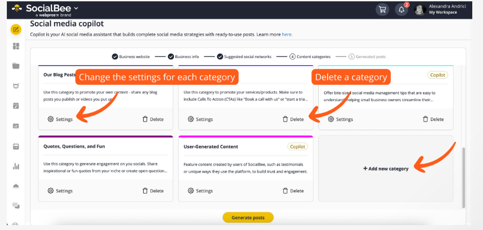 SocialBee Social Media Copilot showing editable content categories