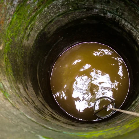 Bagian dalam sumur dengan air tanah dan dinding berlumut
