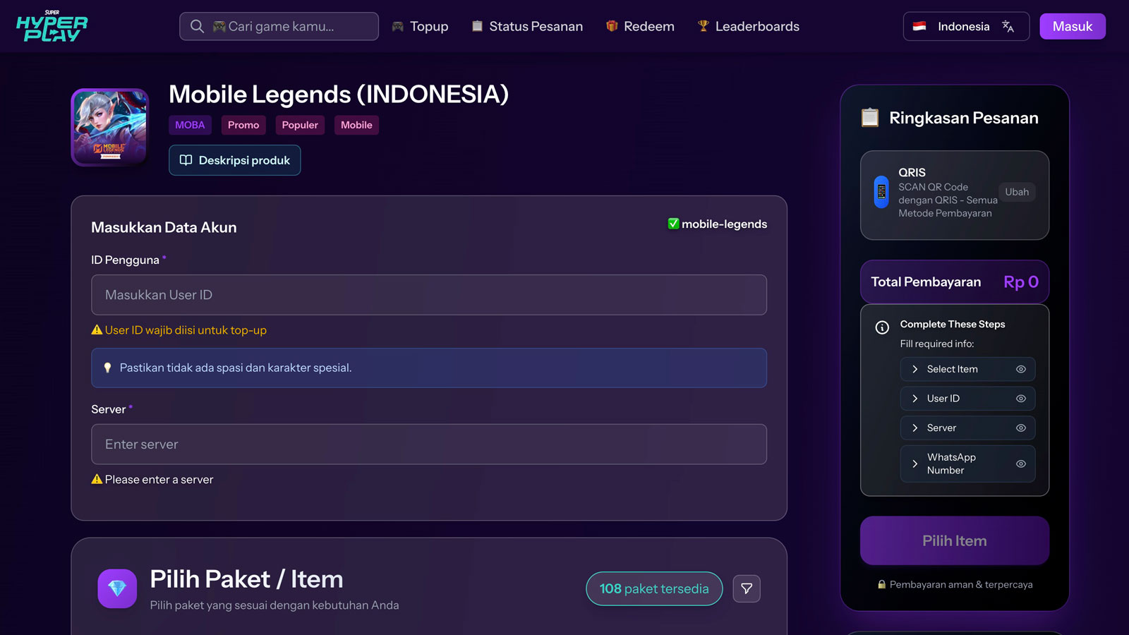 Halaman top up Mobile Legends di Hyperplay dengan pilihan paket Diamond dan pembayaran QRIS.
